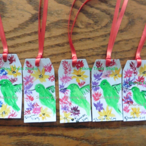 Hummingbird and Flowers Gift Tags hand painted  any occasion bird lover hummer bookmarks party gifting nature gift original paintings