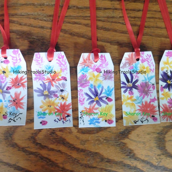 Gift Tags  Flowers and  lady bugs  hand painted originals any occasion party gifting  flower bookmarks ornaments nature gift flower lover