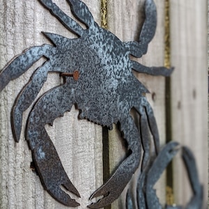 May include: Two metal crab silhouettes, one larger than the other, are attached to a wooden fence. The larger crab is in the foreground and is facing the viewer. The smaller crab is in the background and is facing the right. Both crabs are painted a dark gray color.