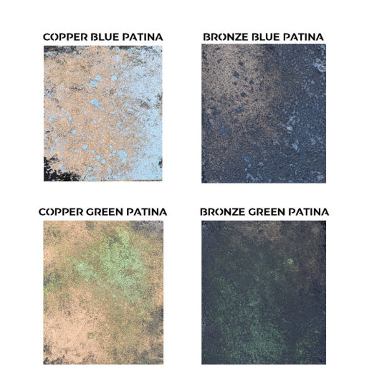 May include: Four square samples of patina finishes.  The top left sample is a copper blue patina. The top right sample is a bronze blue patina. The bottom left sample is a copper green patina. The bottom right sample is a bronze green patina.