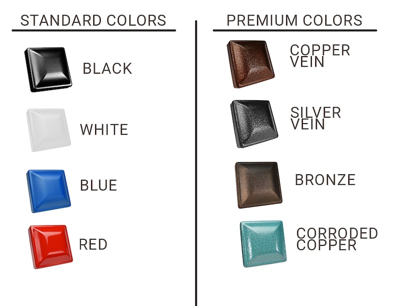 May include: A chart showing standard and premium colors for a product. The standard colors are black, white, blue, and red. The premium colors are copper vein, silver vein, bronze, and corroded copper.