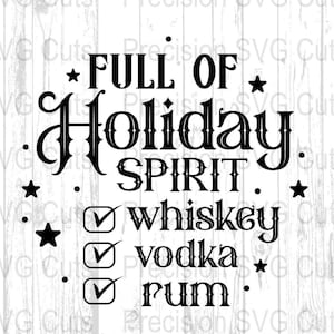 Op de afbeelding: Zwart-wit grafisch ontwerp met de tekst "FULL OF Holiday SPIRIT" en een checklist voor whisky, wodka en rum. Het ontwerp bevat sterren en vinkjes, perfect voor vakantieprojecten.
