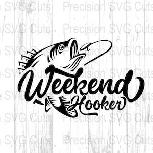 May include: Black and white illustration of a fish with a fishing hook in its mouth. The text "Weekend Hooker" is written in a stylised font below the fish.