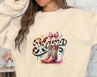 Retro Cowgirl Mama Sublimation PNG, Cowhide Western Boots Graphic, Leopard Print Bow Design, Country Ma Digital File, Transparent Background