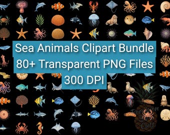 Watercolor Sea Animal Clipart Bundle, Ocean Creatures (Digital Download)