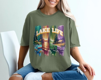 Lake Life Brushstroke PNG, Summer Lake Landscape T-shirt Graphic, Kayaking and Canoeing Clipart, Boating Cabin Sunset, Commercial Use