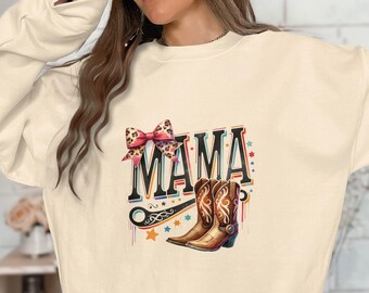 Retro Cowgirl Mama PNG, Sublimation Design, Cowhide Mom Western Boots Art, Leopard Bow Clipart, PNG for Commercial, Transparent Background