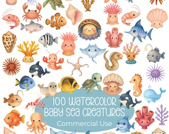 100 Watercolor Baby Sea Creatures Clipart Bundle (Commercial Use)