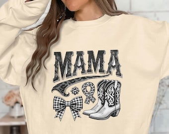 Vintage Cowgirl Mama Sublimation PNG, Western Boots Mama Design, Leopard Print Bow, Country Vibes Digital Download, Transparent Background