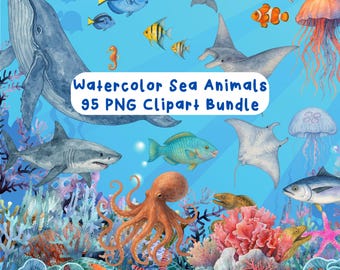 Watercolor Sea Animals Clipart Bundle, Marine Life PNGs (Digital Download)