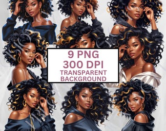 Black Girl Bundle, African American Woman, 9 Transparent Background PNG Files, Digital Download, Clipart, Graphic Design