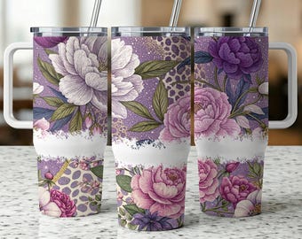 Peony Floral 40oz Tumbler Wrap, Purple Flower Design, Stainless Steel, Double Wall Insulated, Reusable Cold and Hot Drink Cup, Quencher Wrap