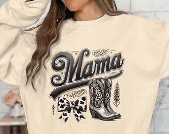 Retro Cowgirl Mama Sublimation PNG, Vintage Western Mama Digital Download, Leopard Bow Coquette and Boots Clipart, Transparent Background