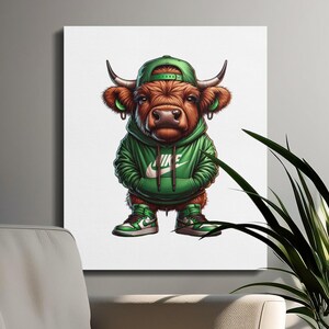 Highland Cow Wearing Hoodie Digital Art Print, Quirky Animal Wall Decor, Fun Highland Bull Artwork, Kids Room Decor, Funky Cow Art Print