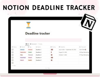 Notion deadline tracker template, digital deadline planner, school deadline, work deadline, editable deadline template, notion personal life