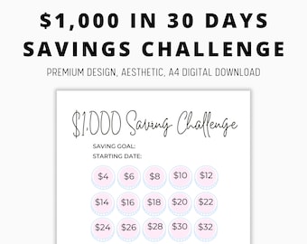 1000 dollars in 30 days savings challenge, savings tracker, savings jar, 30 day saving challenge, save 1000 dollars in 30 days, budgeting