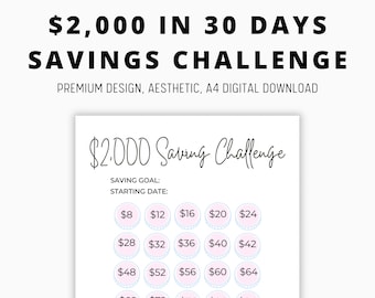 2k dollars in 30 days savings challenge,printable tracker, challenge tracker, budgeting monthly payments kids savings challenge, money goals