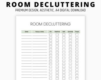 Room decluttering printable, adhd cleaning, physical declutter, room checklist, editable cleaning planner,  family household chore chart