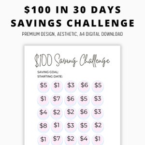 100 dollar in 30 dagen besparingsuitdaging, afdrukbare tracker, uitdagingstracker, maandelijkse betalingen budgetteren, besparingsuitdaging, gelddoelen