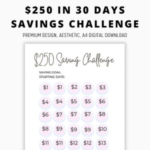 250 dollar in 30 dagen spaaruitdaging, afdrukbare tracker, uitdagingstracker, maandelijkse betalingen budgetteren, spaaruitdaging, gelddoelen
