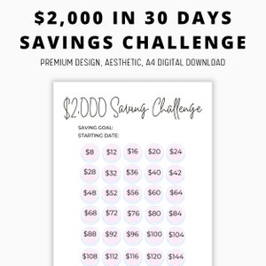 2k dollar in 30 dagen besparingsuitdaging, afdrukbare tracker, uitdagingstracker, budgettering van maandelijkse betalingen kinderbesparingsuitdaging, gelddoelen