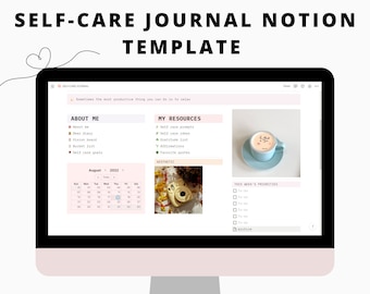 Self care journal notion template, aesthetic self care planner, digital self care notion template, wellness journal, gratitude journal