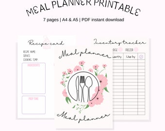 meal planner, printable meal planner with recipe card and grocery list, weekly meal planner, grocery shopping list, A4, A5 INSTANT DOWNLOAD