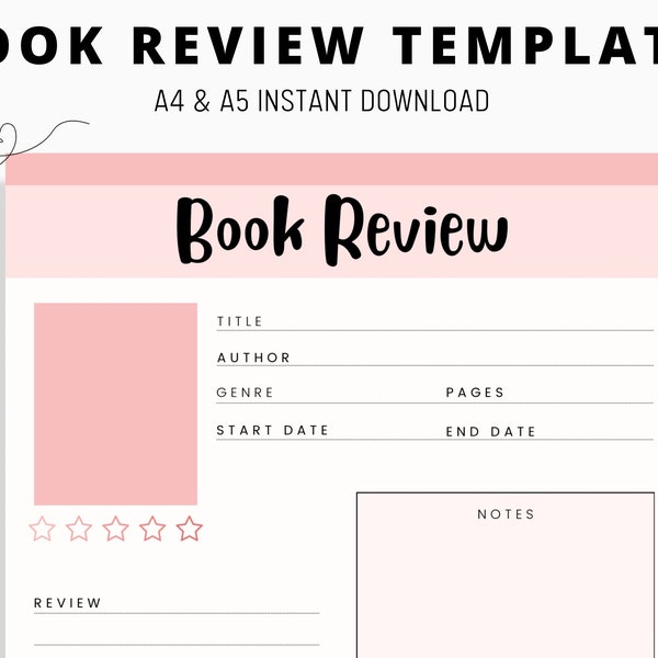 Book review template, printable reading journal, book review planner, reading tracker, avid readers book worm, book review journal printable