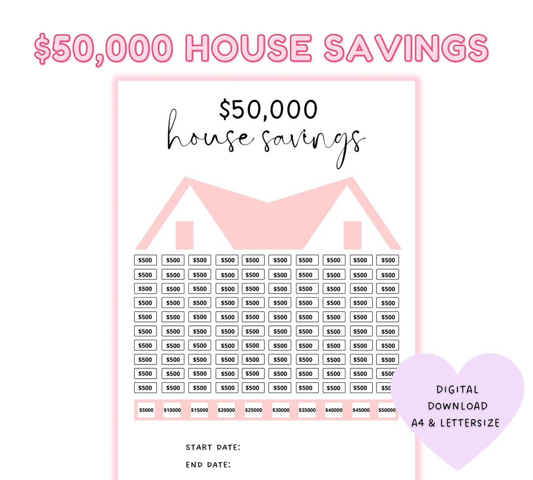 50k House Savings Printable, House Savings Tracker, House Savings