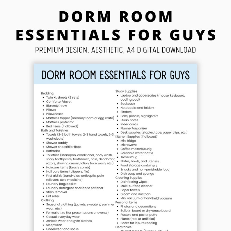 Dorm Room Essentials List for Guys (digital Download) Etsy