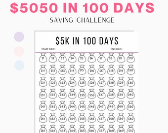 5050 Dollars in 100 Days, Savings Tracker, Savings Challenge