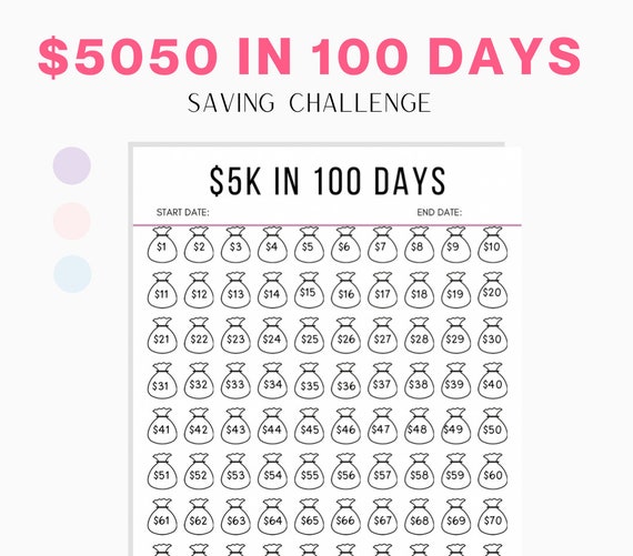 5050 Dollars in 100 Days Savings Tracker Savings Challenge Etsy
