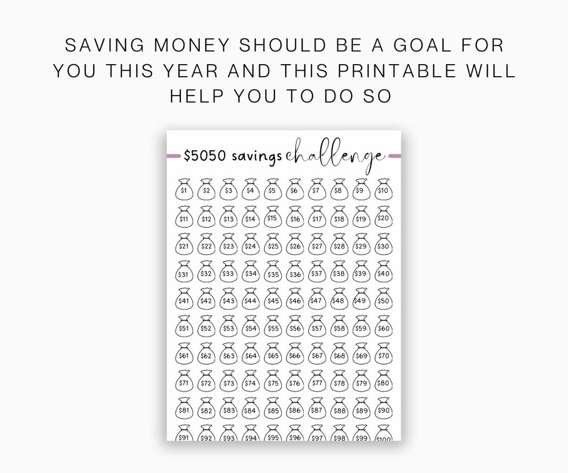 5050 Dollars in 100 Days Savings Tracker Savings Challenge Etsy