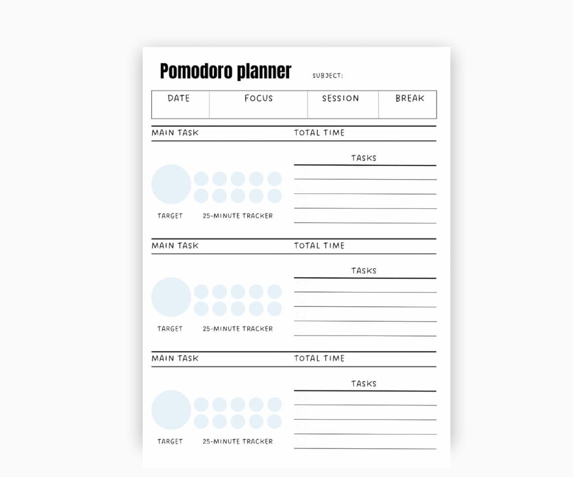 Pomodoro Planner Printable, Pomodoro Technique Planner, Pomodoro Timer ...