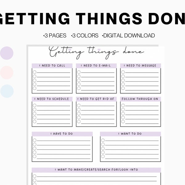 Getting things done printable, task organizer, GTD inbox, GTD planner, GTD printable, gtd inserts, time blocking productivity planner