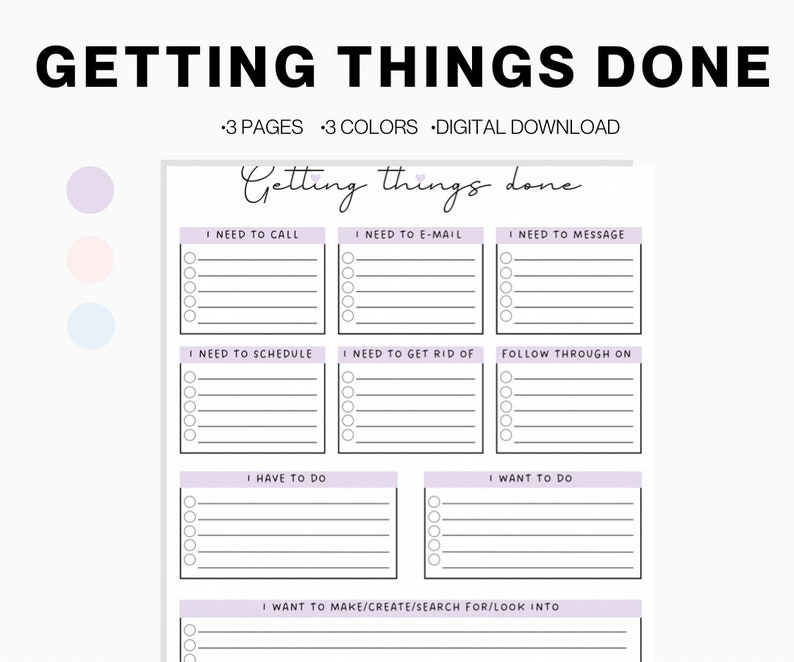 Getting things done printable, task organizer, GTD inbox, GTD planner, GTD printable, gtd inserts, time blocking productivity planner image 1