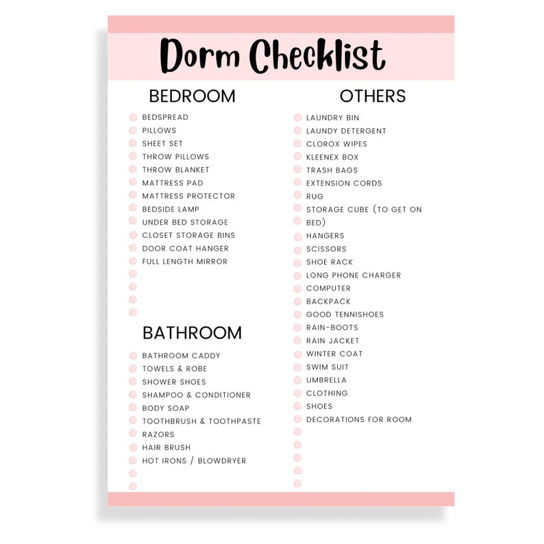 Dorm Room Essentials Checklist First Year of College Packing - Etsy