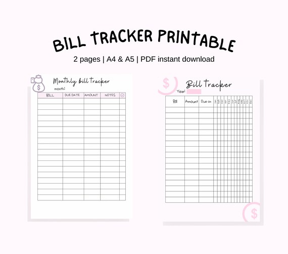 Bill Tracker Printable With Monthly Bill Tracker and Yearly Bill Tracker, Bill Payment Tracker, Bill Organizer, Printable Bill Tracker, - Etsy