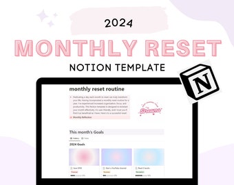 Monthly reset notion template, that girl notion , monthly goals, 2024 digital planner, vision board, life reset, goal setting, dream life