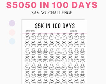 5k in 100 days savings tracker, printable tracker, challenge tracker, budget planner, budget template, savings challenge, savings printable