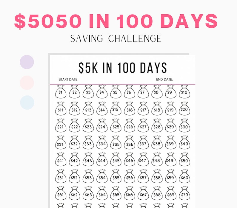 5k in 100 Days Savings Tracker, Printable Tracker, Challenge Tracker
