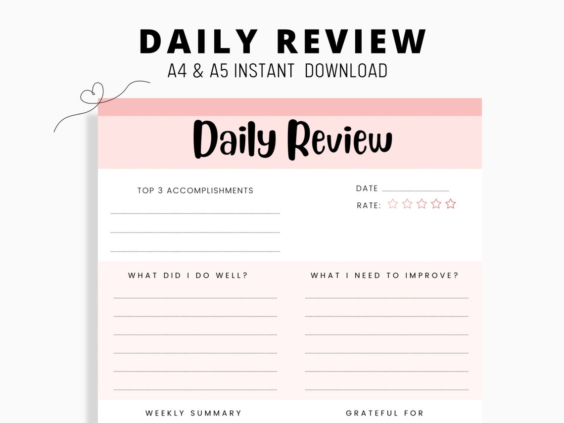 Daily Review Template, Daily Reflection Worksheet, Daily Summary ...