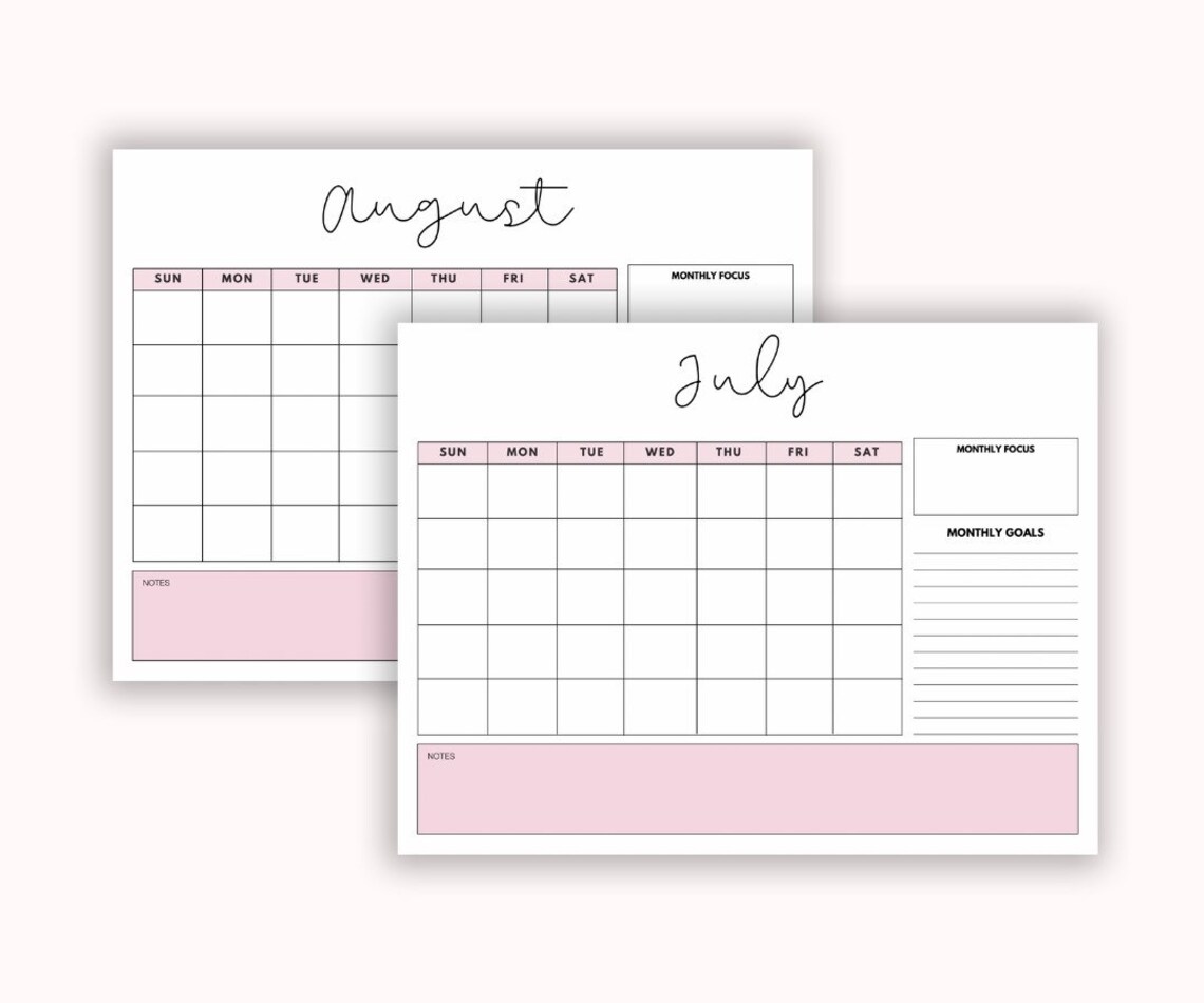 Monthly Calendar , Pink Monthly Calendar, Monthly Planner Printable, Monthly Calendar 2022 ...