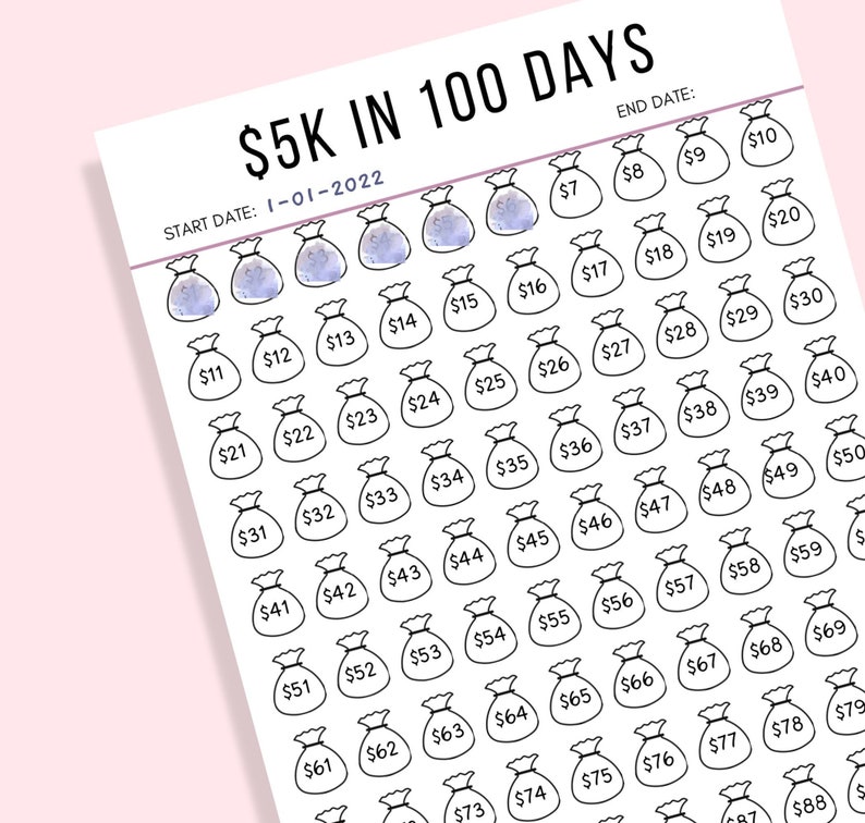 5k in 100 days savings tracker printable tracker challenge tracker