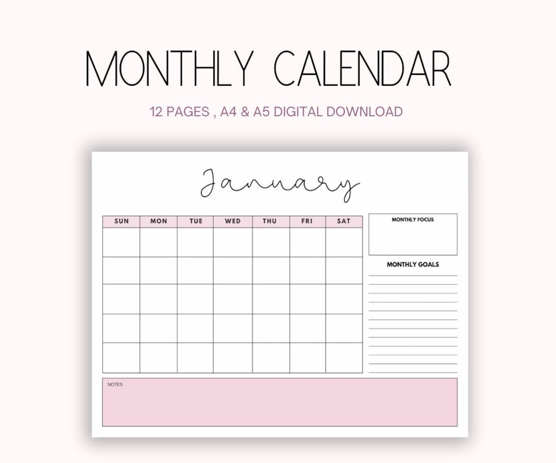 Monthly Calendar , Pink Monthly Calendar, Monthly Planner Printable, Monthly Calendar 2022 ...