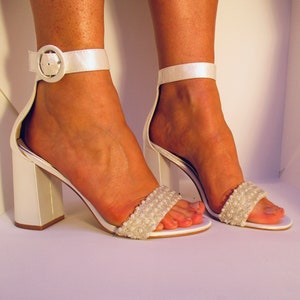 Block Heel Wedding Sandal/Ivory Satin Block Heel with Handcrafted pearl beading. Pearl wedding sandals - THE ELSA