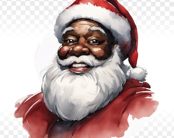 Watercolor Black Santa Claus PNG: Printable Christmas Art (Digital Download)