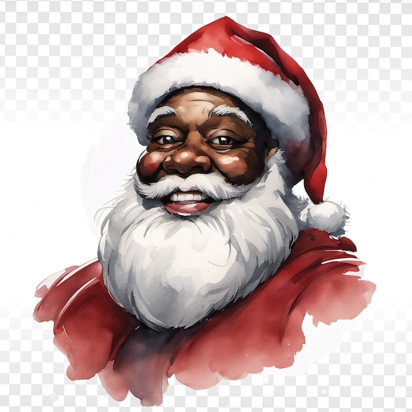 Black Santa Claus PNG for Tumblers, T-Shirt, Mug, Ornament, Scrapbook, African American Santa Watercolor Digital Art Printable