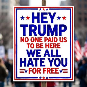 Puede incluir: Un letrero blanco con borde rojo y azul y el texto "HEY TRUMP NO ONE PAID US TO BE HERE WE ALL HATE YOU FOR FREE." El letrero se sostiene en una multitud de personas, con banderas americanas visibles en el fondo.