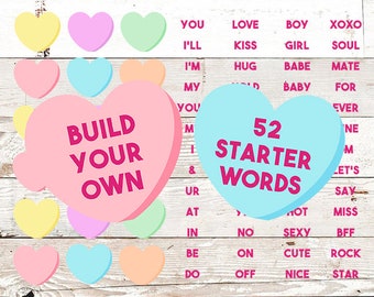 May include: A set of 52 words printed on pink, blue, and yellow heart-shaped candy-like objects. The words are arranged in columns and include words like "love", "kiss", "hug", "babe", "soul", "mate", "baby", "for", "ever", "let's", "say", "miss", "bff", "rock", "star", "cute", "nice", "sexy", "hot", "no", "in", "at", "ur", "&", "you", "my", "i'm", "i'll", "build", "your", "own".
